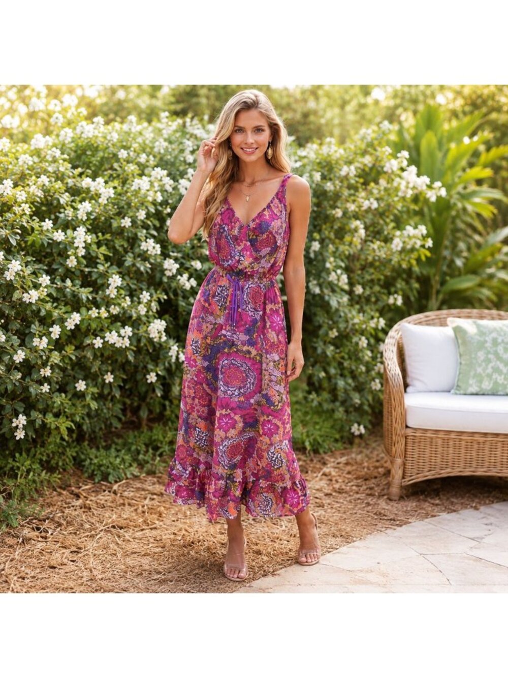 Pure Sugar XS Multicolor Boho Flowy Chiffon Floral Maxi Dress Ruffles Tie Waist